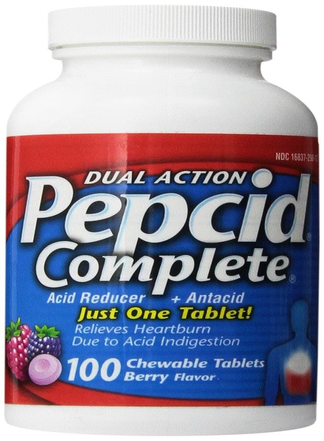 Pepcid Complete Dual Action Acid Reducer and Antacid Berry Flavored Chewable Tablets 100 Count Bottle - Image 1